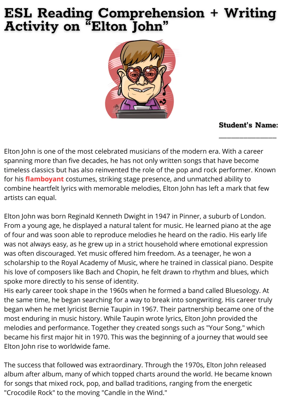 Elton John reading passage, part 1: childhood, piano studies, Bluesology, Bernie Taupin, and early hits