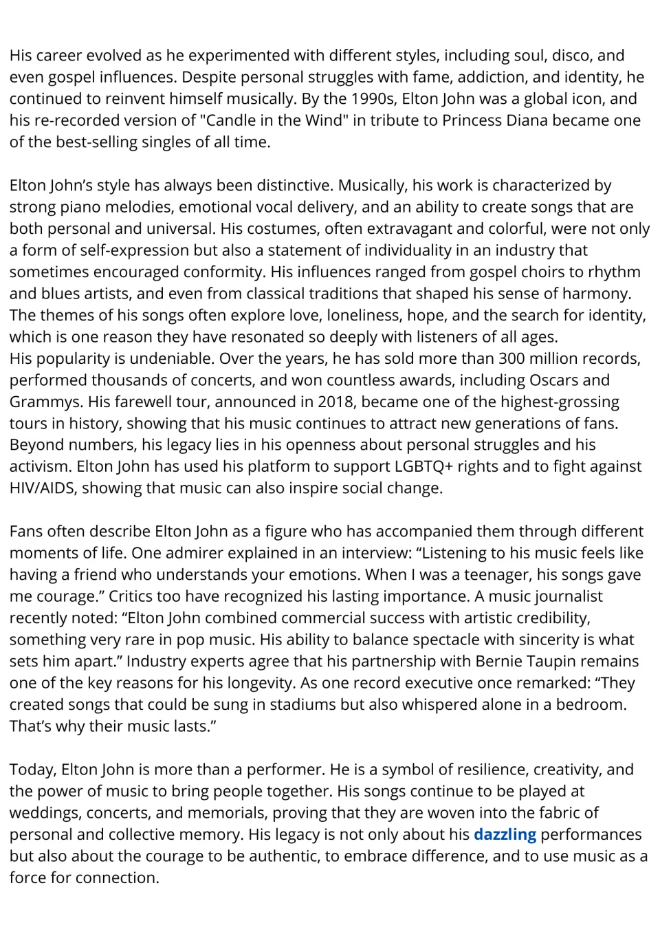 Elton John reading passage, part 2: musical style, song themes, popularity, activism, and lasting legacy