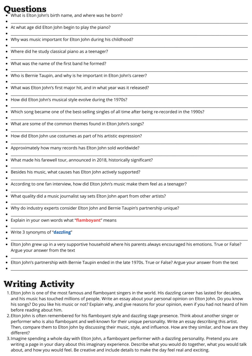Elton John follow-up: 21 comprehension and vocabulary questions plus three essay and diary writing prompts