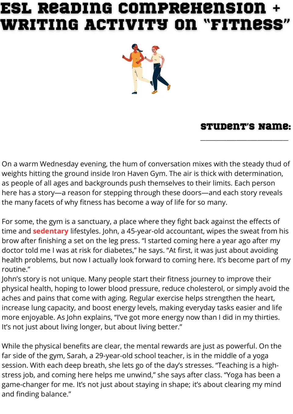 Fitness reading passage, part 1: students read about John and Sarah at Iron Haven Gym, with "sedentary" in red