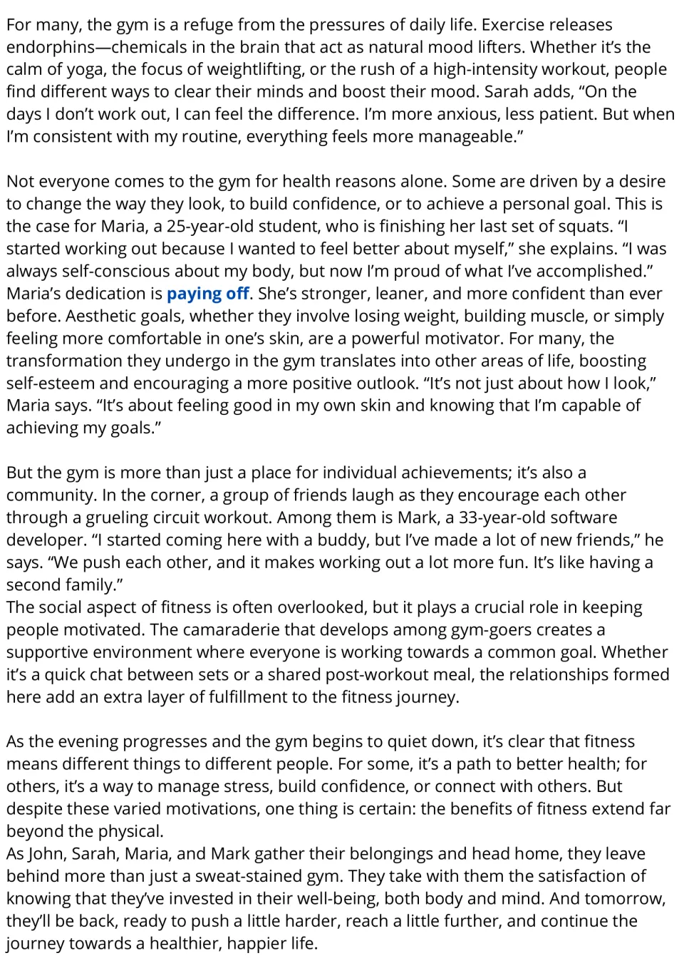 Fitness passage, part 2: students read how Maria, Mark and Sarah stay motivated, with "paying off" highlighted in blue