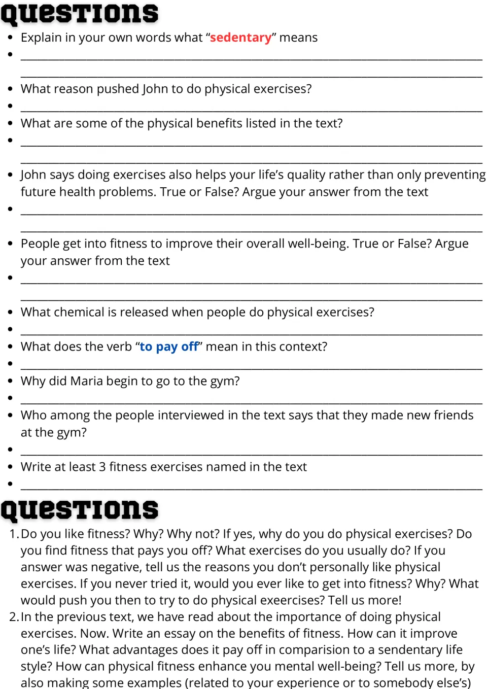 Fitness questions: students answer 10 comprehension and vocabulary items, then respond to two opinion and essay prompts