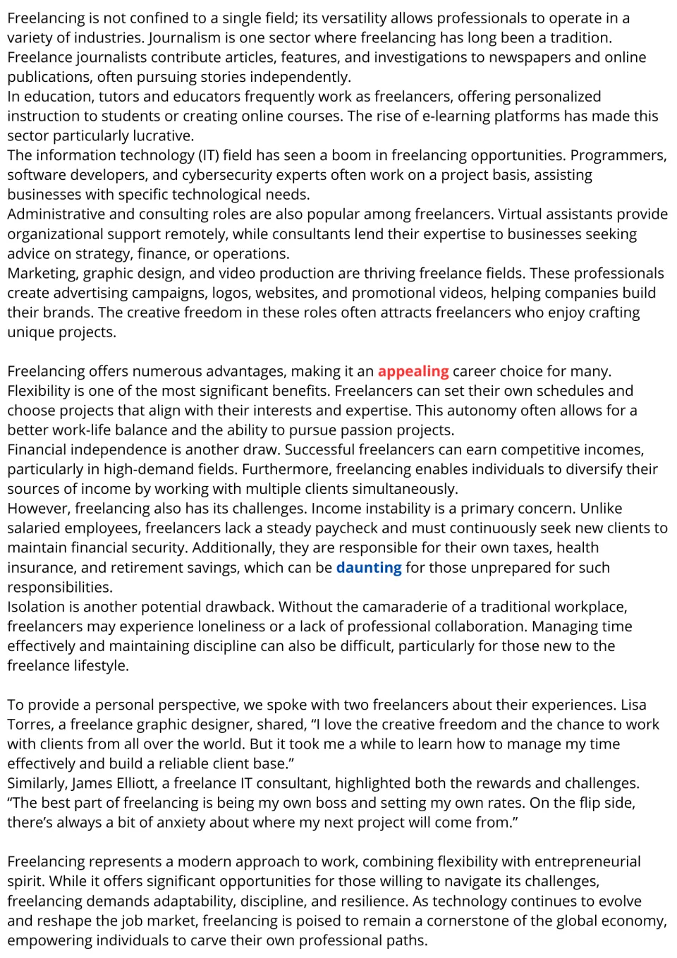 Freelance passage, part 2: students read about freelance fields, pros and cons, and two interviews; key words in color