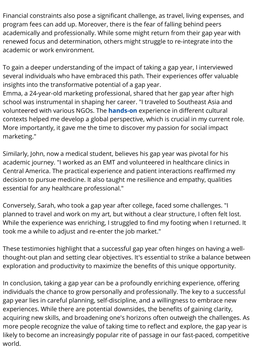 Gap year reading, part 2: financial challenges and experiences from Emma, John, and Sarah, plus a conclusion.