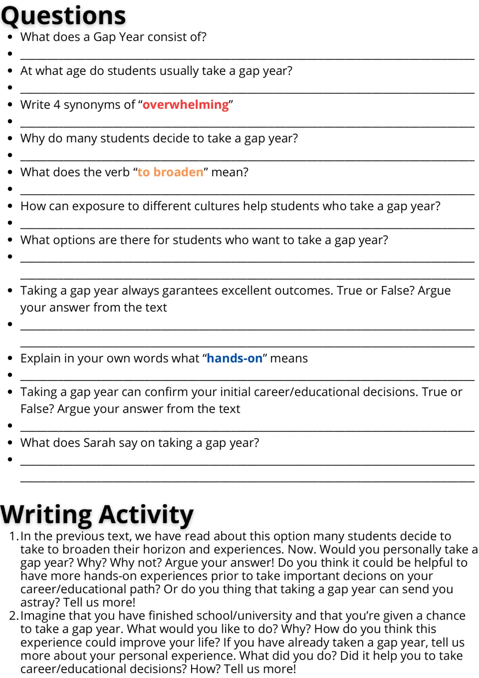 Gap year activities: 11 comprehension and vocabulary questions and two essay prompts about personal choices.