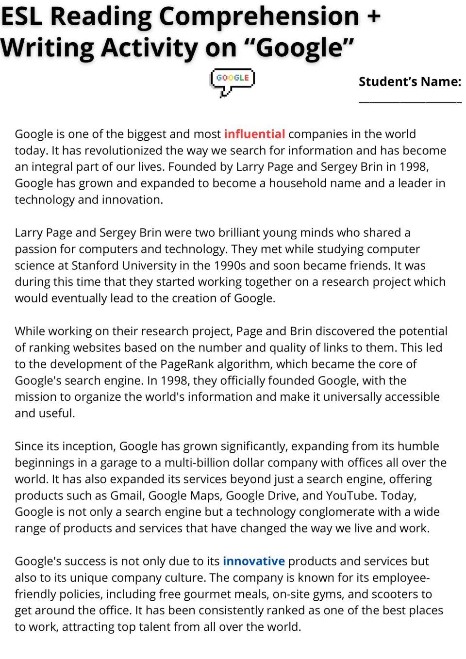 Google reading passage, part 1: students read how Page and Brin met at Stanford, built PageRank and founded Google in 1998
