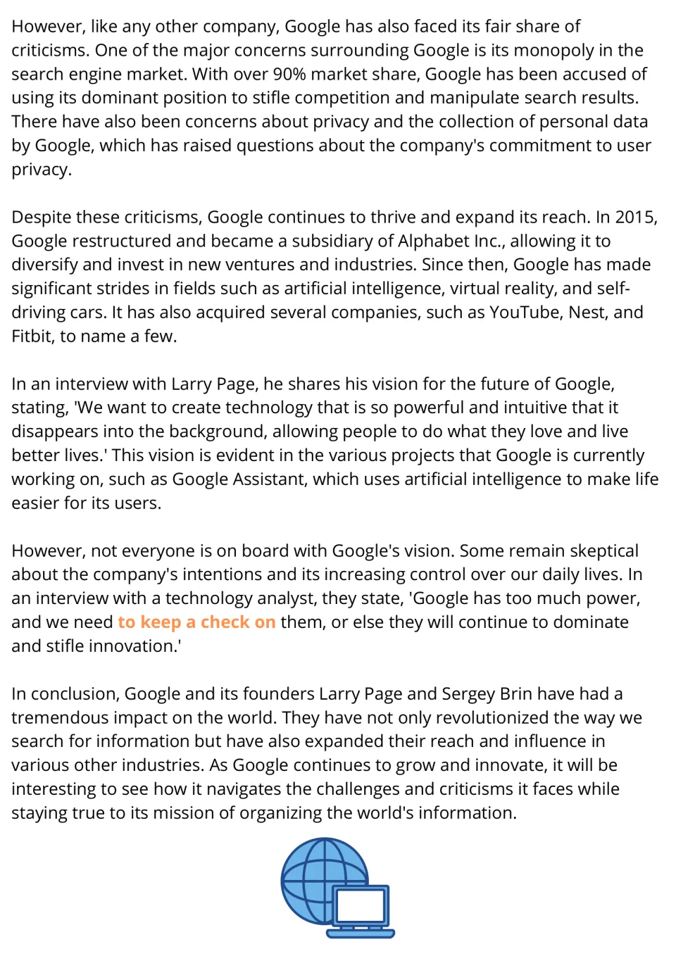 Google reading passage, part 2: students read about monopoly and privacy criticisms, the 2015 Alphabet move and AI plans