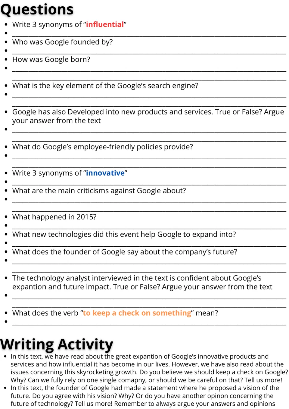 Google comprehension questions: students write synonyms, argue true/false from the text, then write two opinion responses