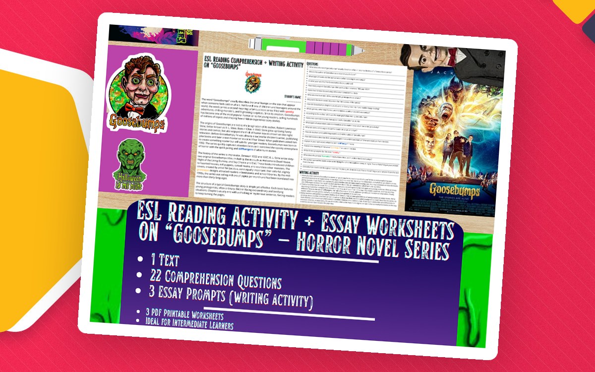 ESL Reading Comprehension + Writing Activity Worksheets on Goosebumps teaching resource preview