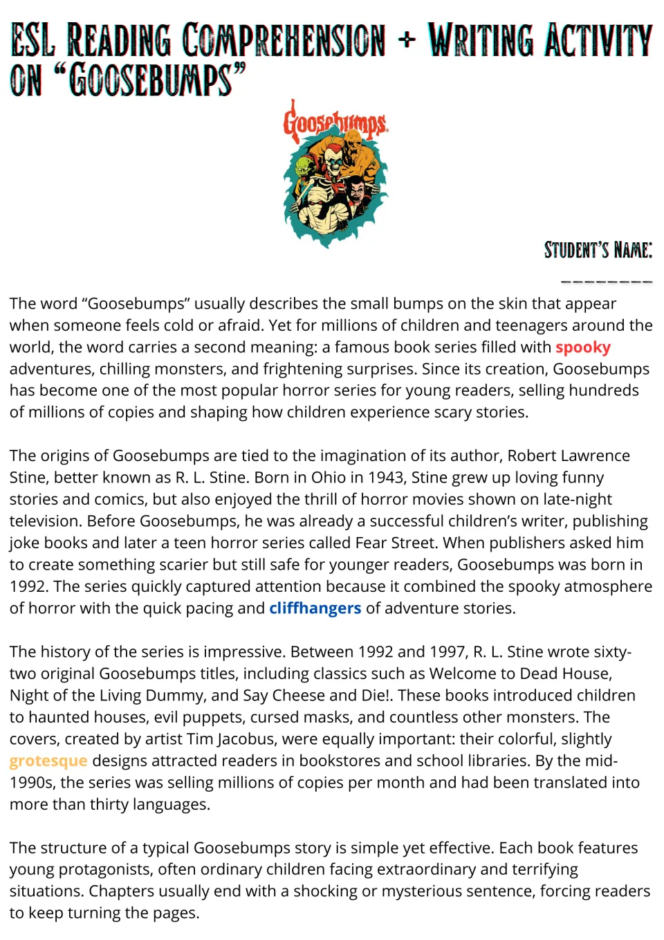 Goosebumps reading passage, part 1: R. L. Stine, the series' 1992 origins and covers, with key words like cliffhangers