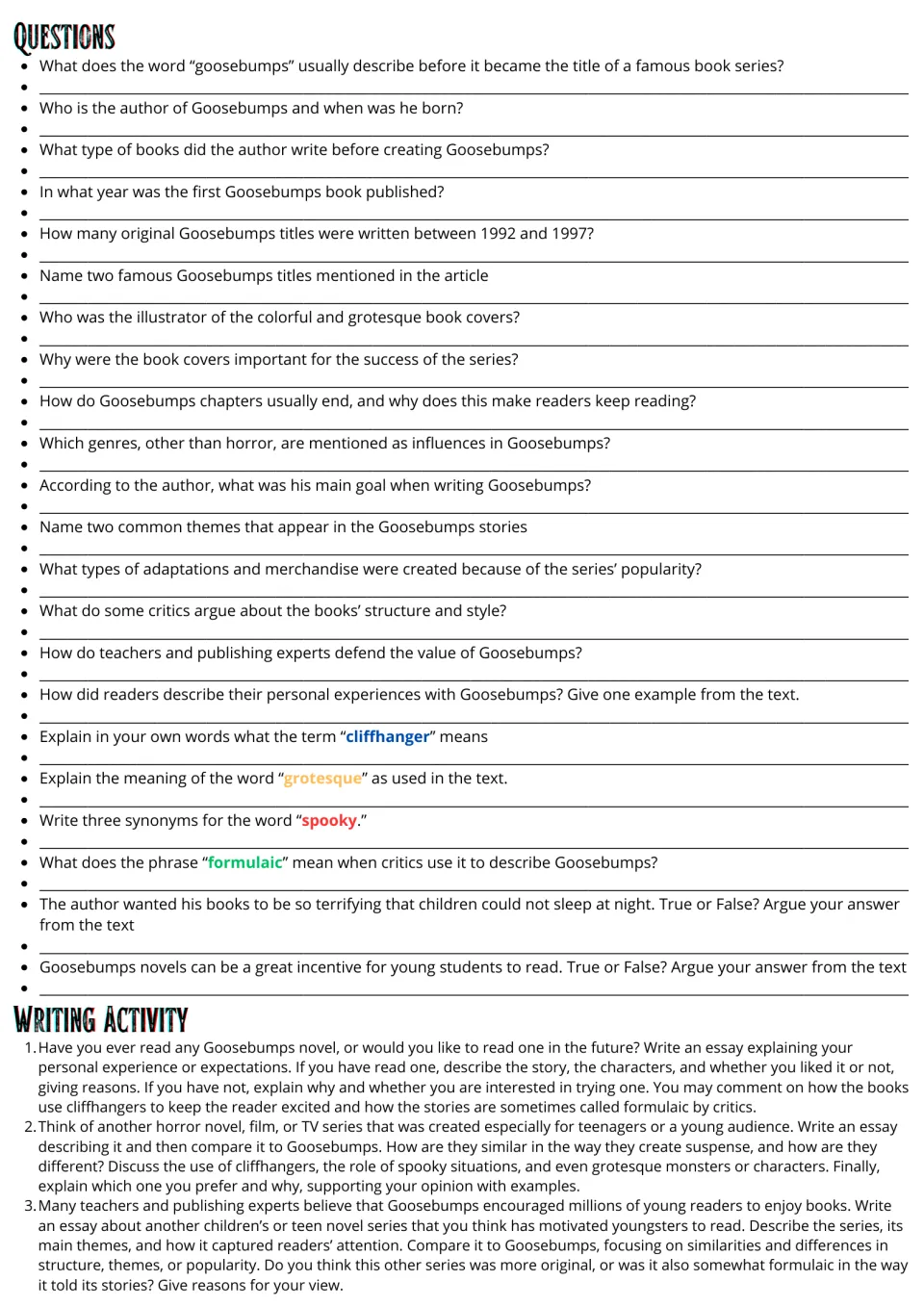 Goosebumps comprehension: 22 questions on the article and vocabulary, plus three essay prompts comparing other series