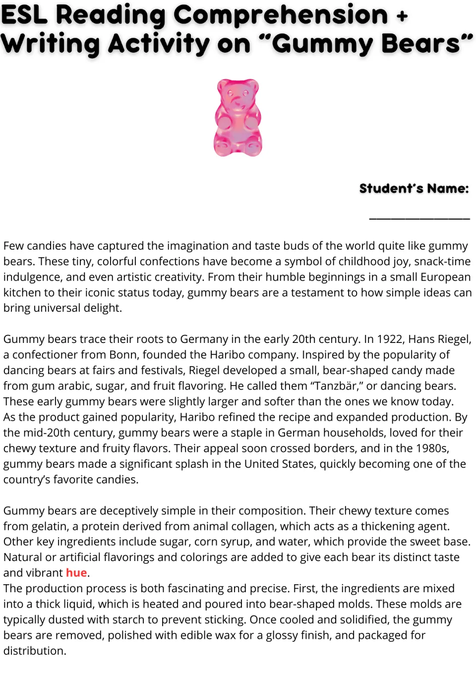Gummy bear reading passage, part 1: German origins, Haribo, ingredients, and the candy-making process.