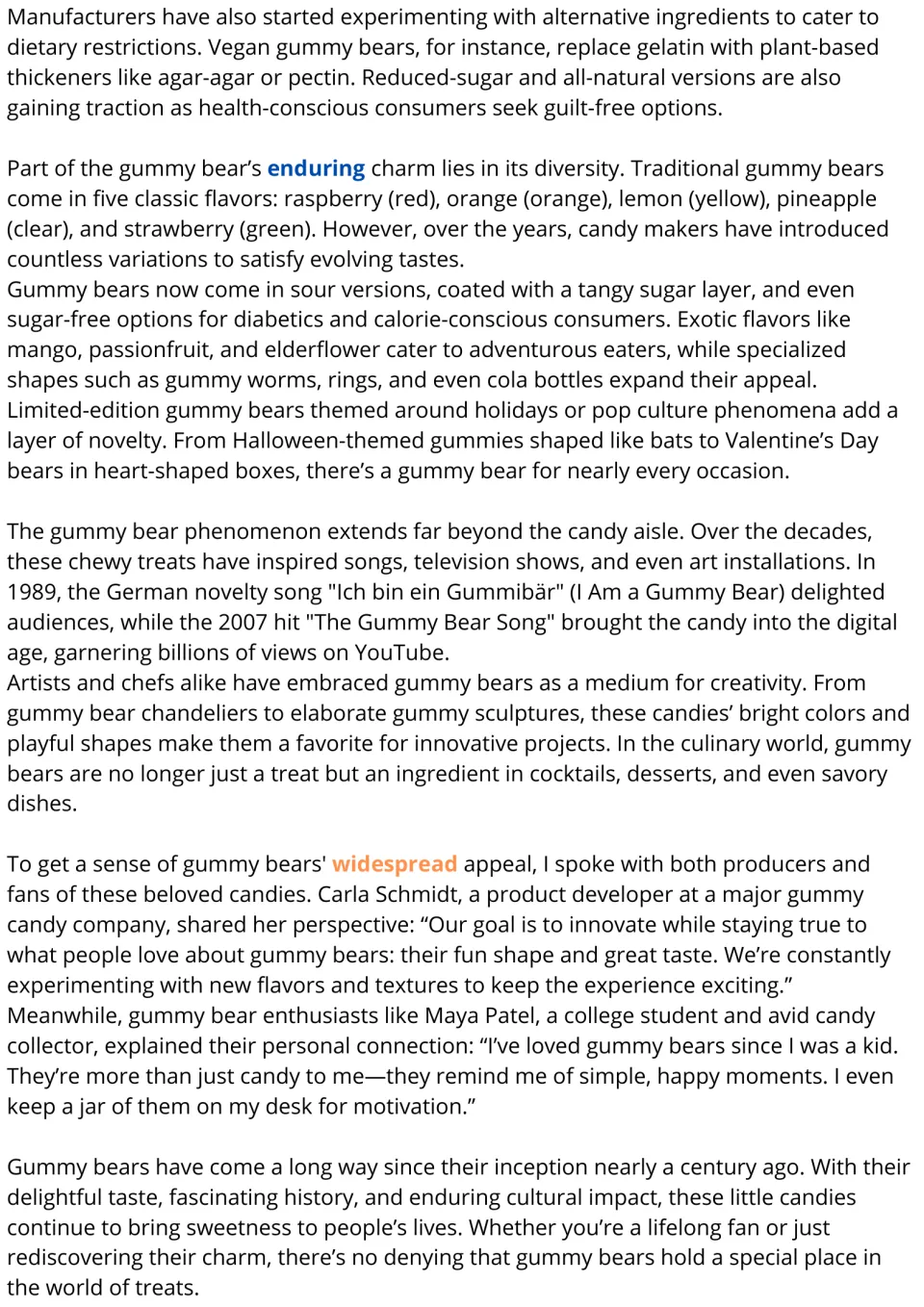 Gummy bear reading passage, part 2: dietary alternatives, flavors, pop culture, and producer and fan views.