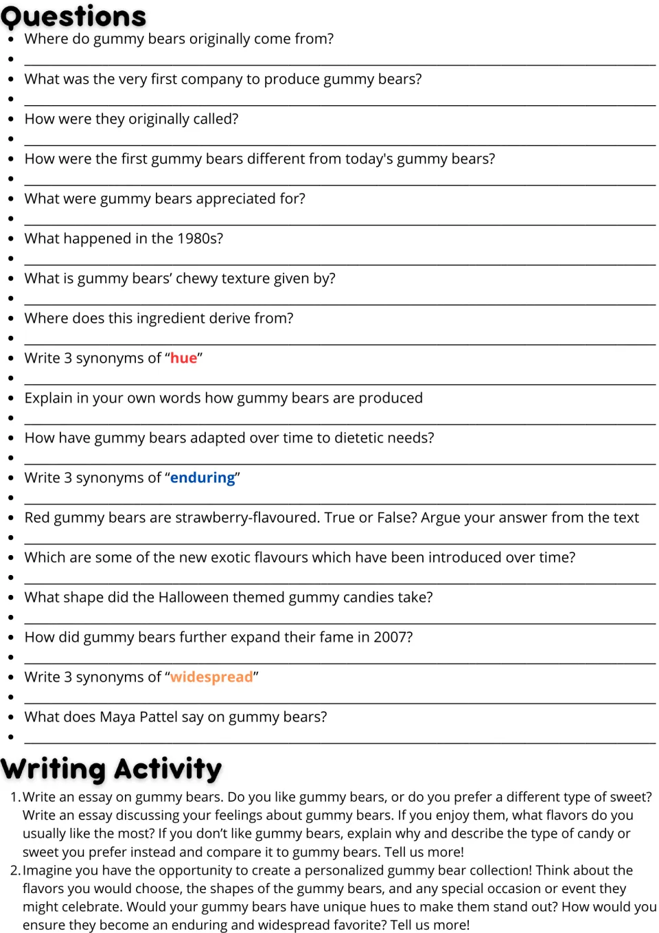 Gummy bear practice: 18 comprehension and vocabulary questions plus two essays on tastes and candy design.