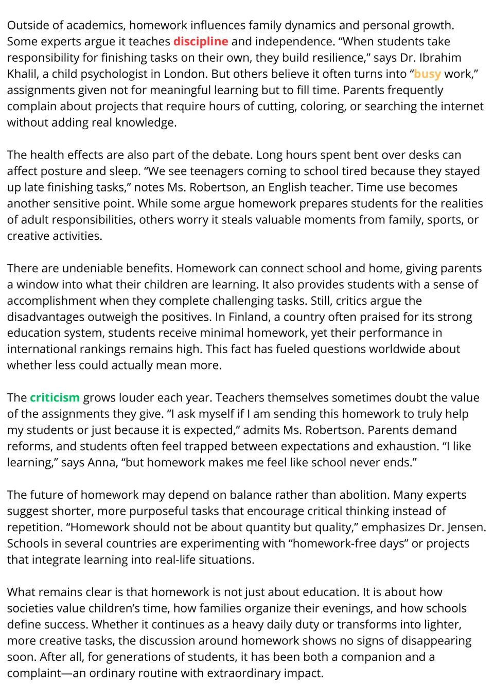 Homework reading passage, part 2: discipline, busy work, health effects, criticism, and proposed changes.