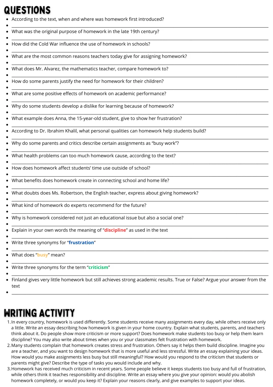 Homework follow-up: 22 comprehension and vocabulary questions plus three essay prompts about homework.