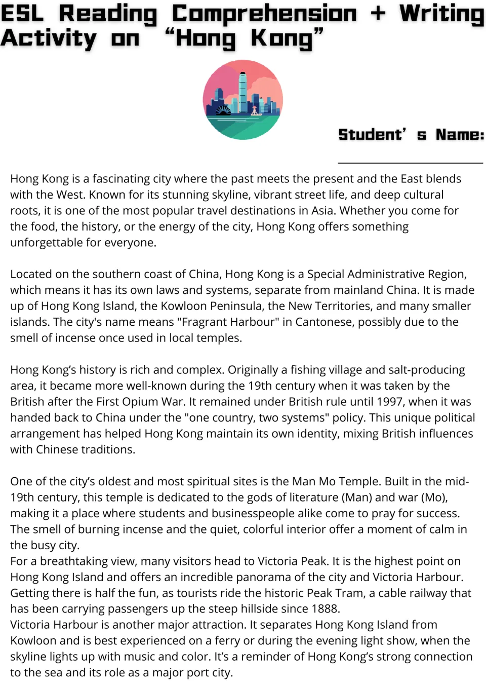 Hong Kong reading passage, part 1: its location, British rule until 1997, Man Mo Temple, Victoria Peak and the harbour