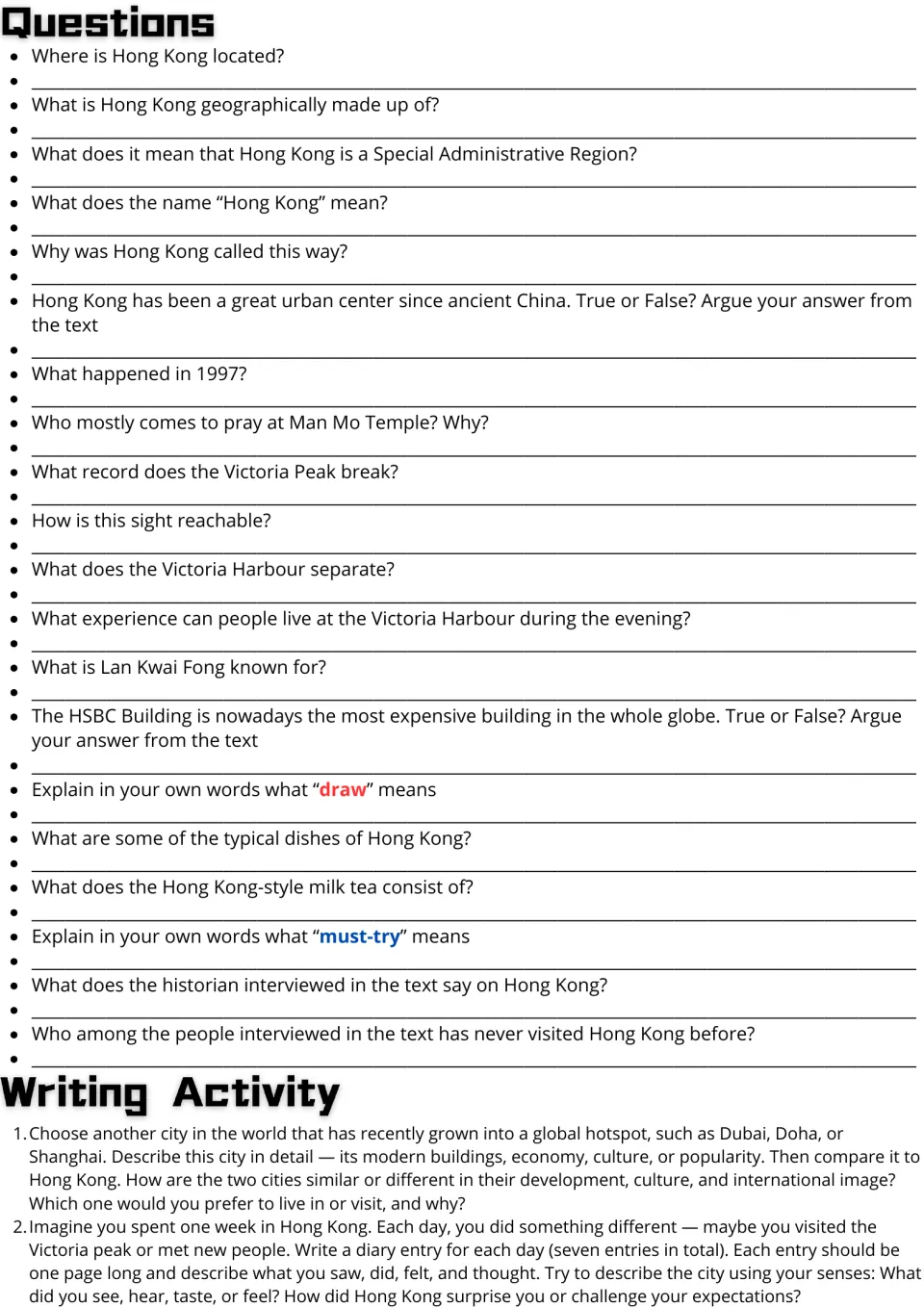 Hong Kong questions: 20 comprehension items with true/false and vocabulary, then city comparison or 7-day diary prompt