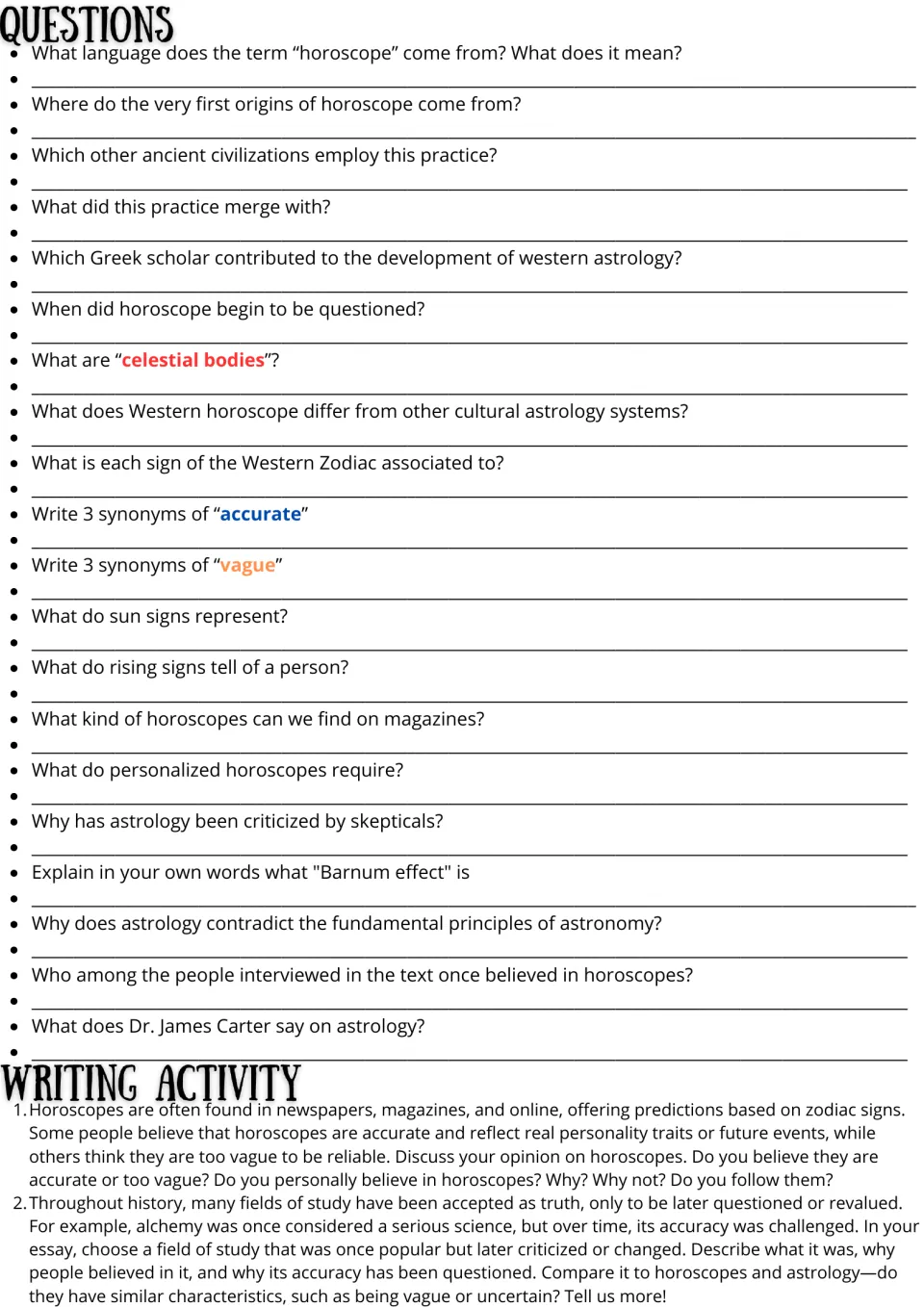Horoscope questions: students answer 20 comprehension and synonym items, then write an opinion or comparison essay