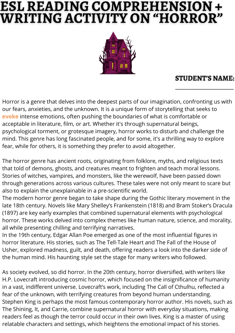 Horror genre reading, part 1: students read about folklore roots, Frankenstein, Dracula, Poe, Lovecraft and Stephen King