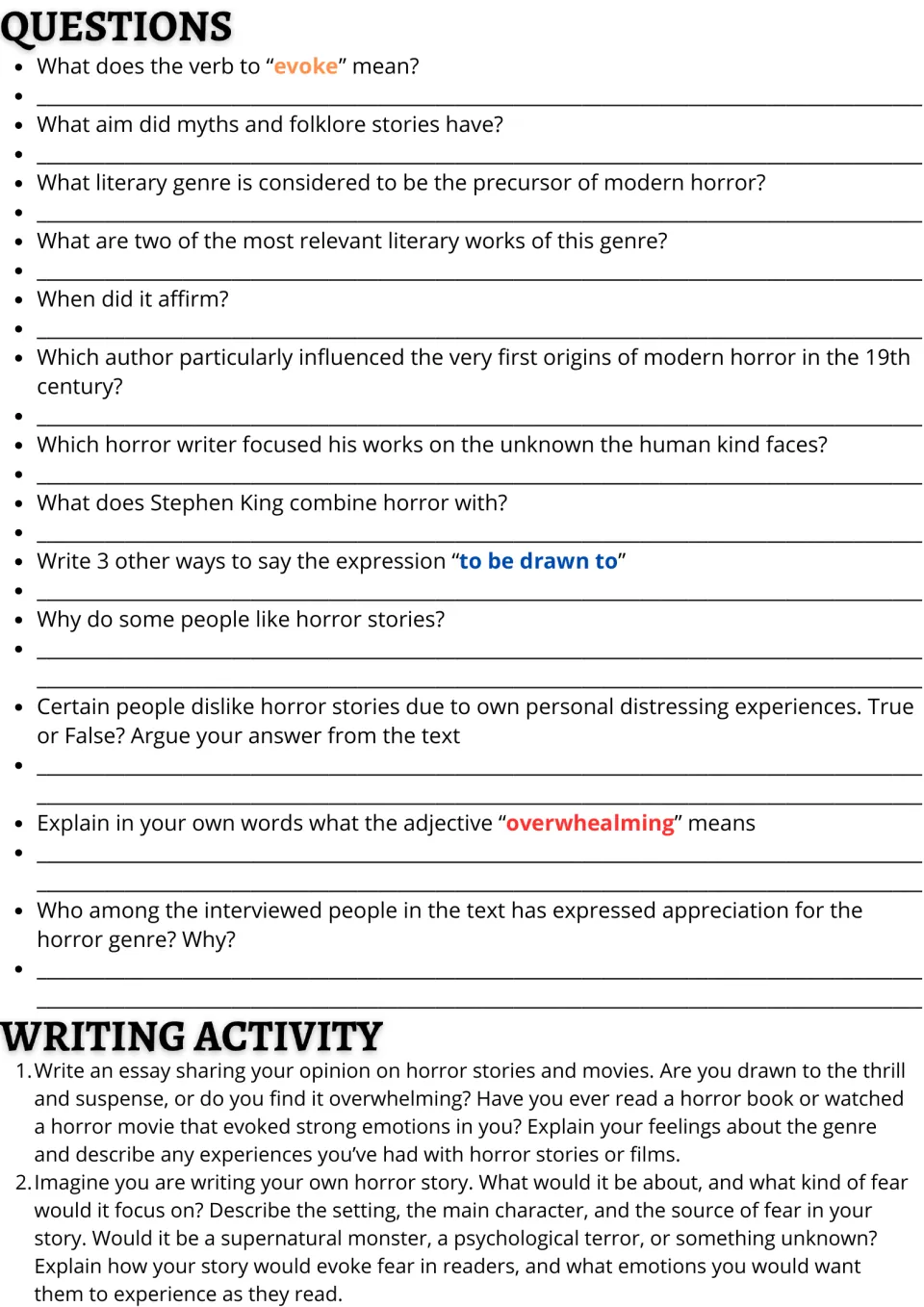 Horror text comprehension: 13 questions with vocabulary like evoke, plus an opinion essay and a horror story-writing prompt