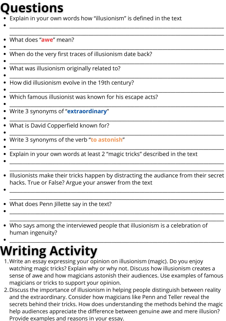 Illusionism questions: students answer 13 comprehension and synonym items, then write an opinion essay on magic and awe