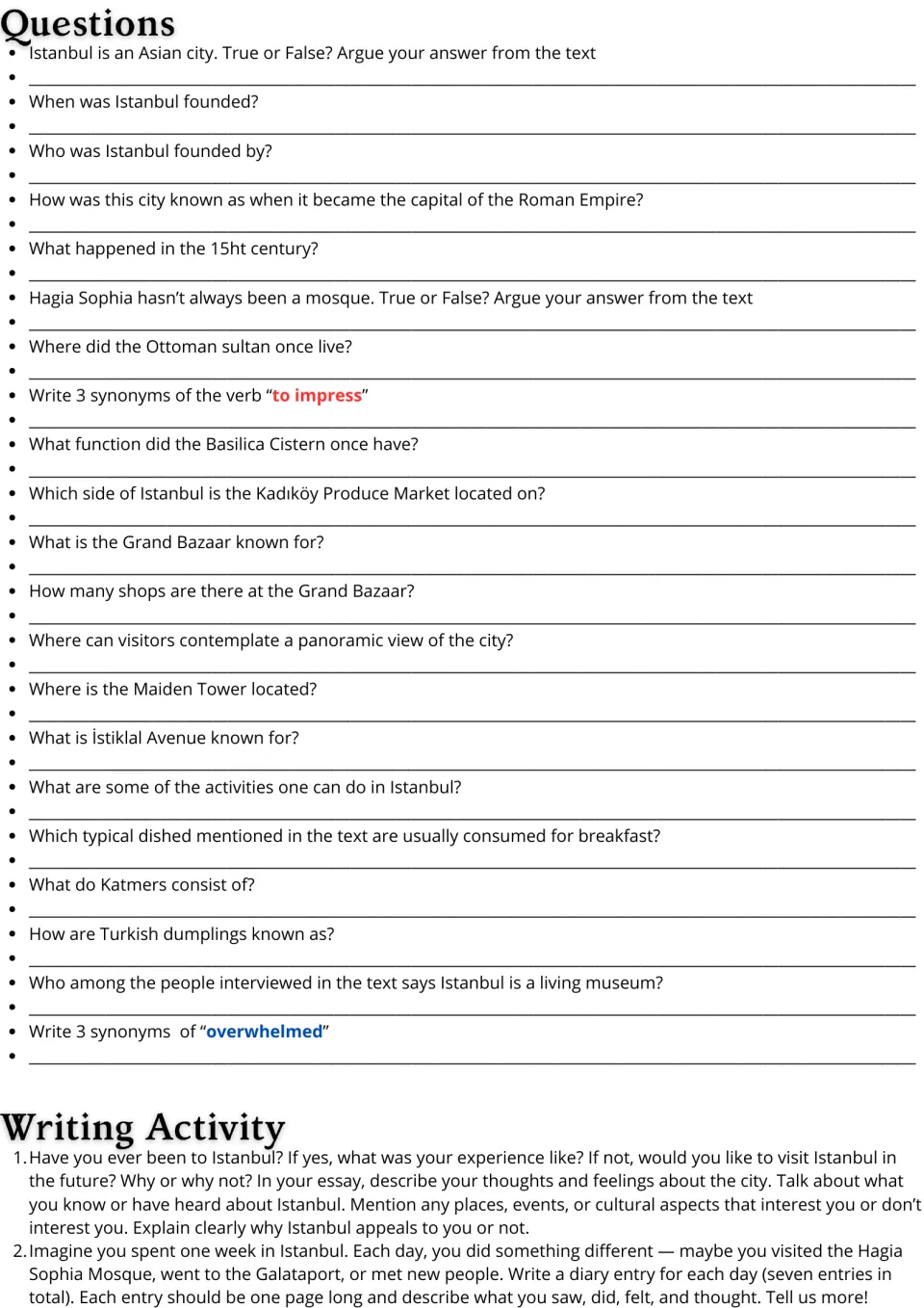 Istanbul follow-up: 21 comprehension and vocabulary questions, a personal essay prompt, and a weeklong diary task.