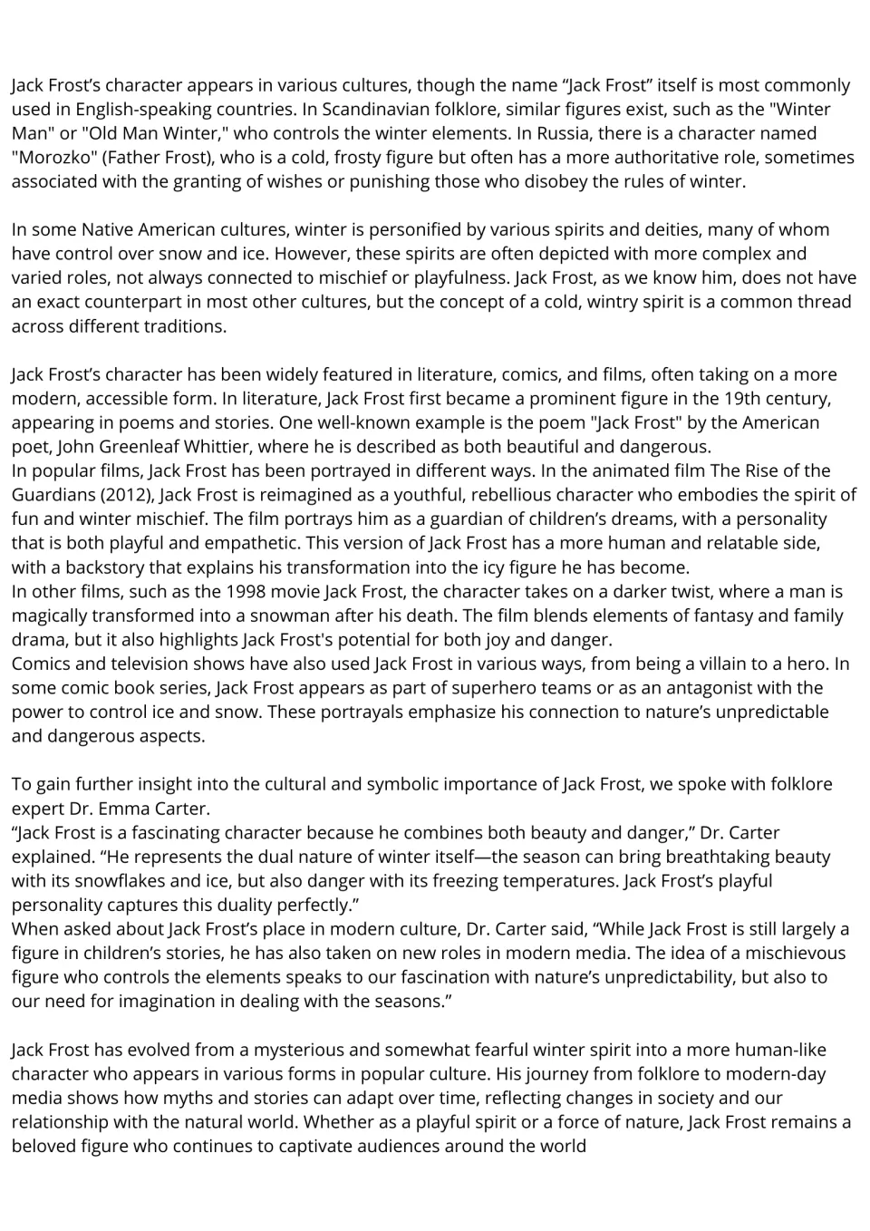 Continued Jack Frost reading on cultural counterparts, media portrayals, and comments from Dr. Emma Carter.
