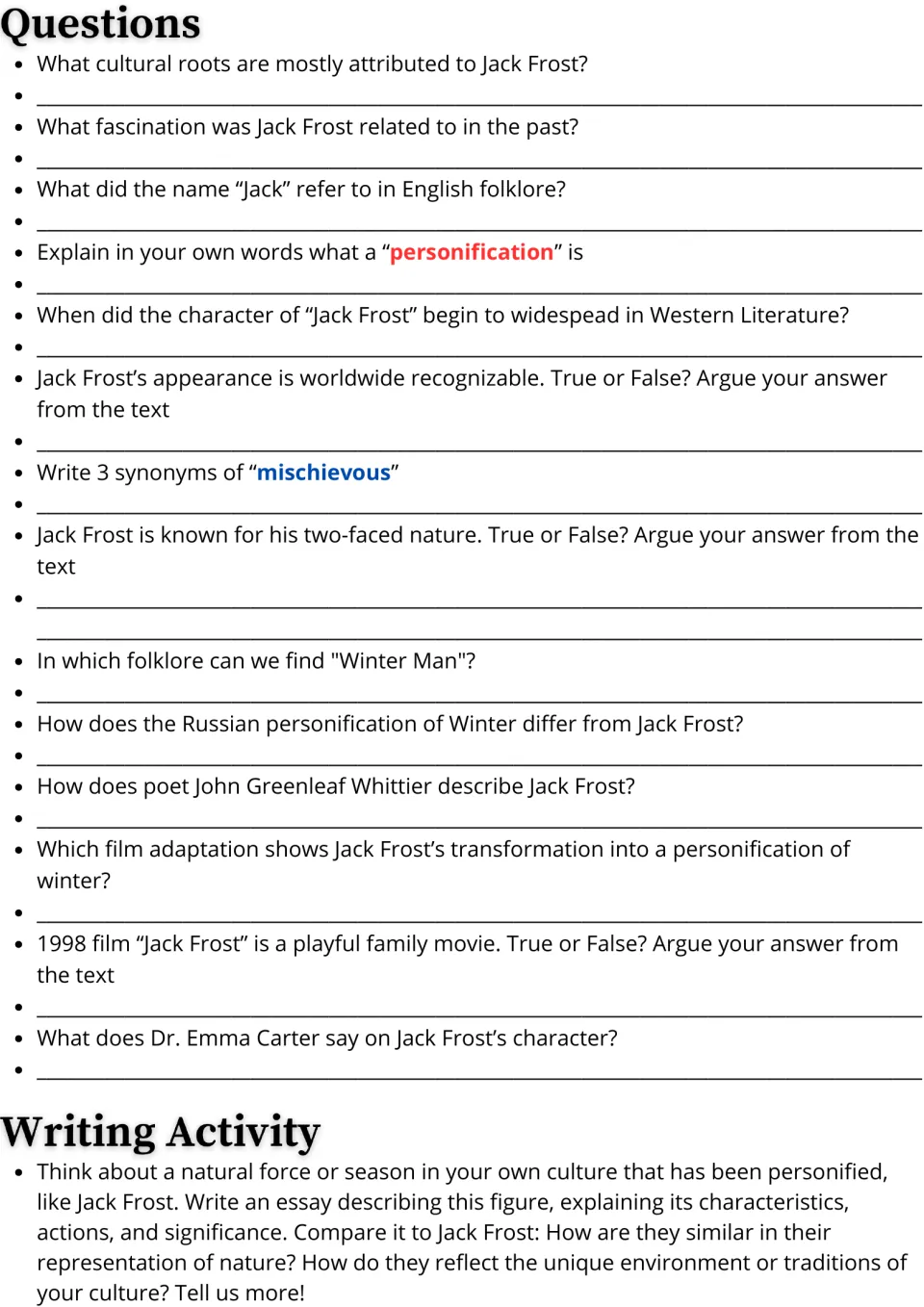 Jack Frost follow-up: 14 comprehension questions and an essay comparing him to a personified force of nature.
