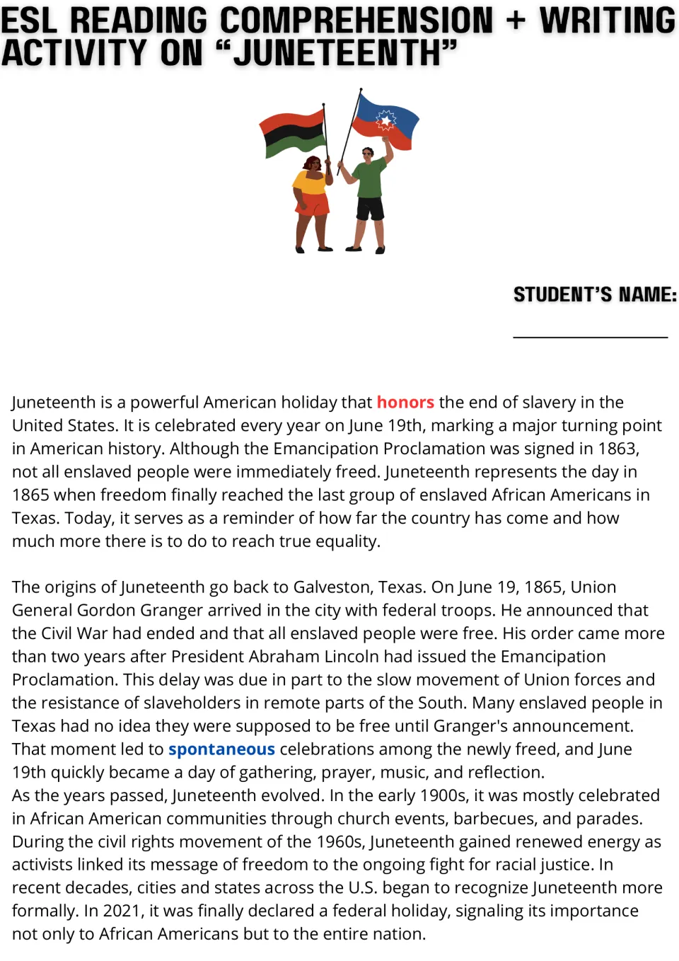 Juneteenth reading passage, part 1: June 19, 1865, Galveston, emancipation, and federal holiday recognition