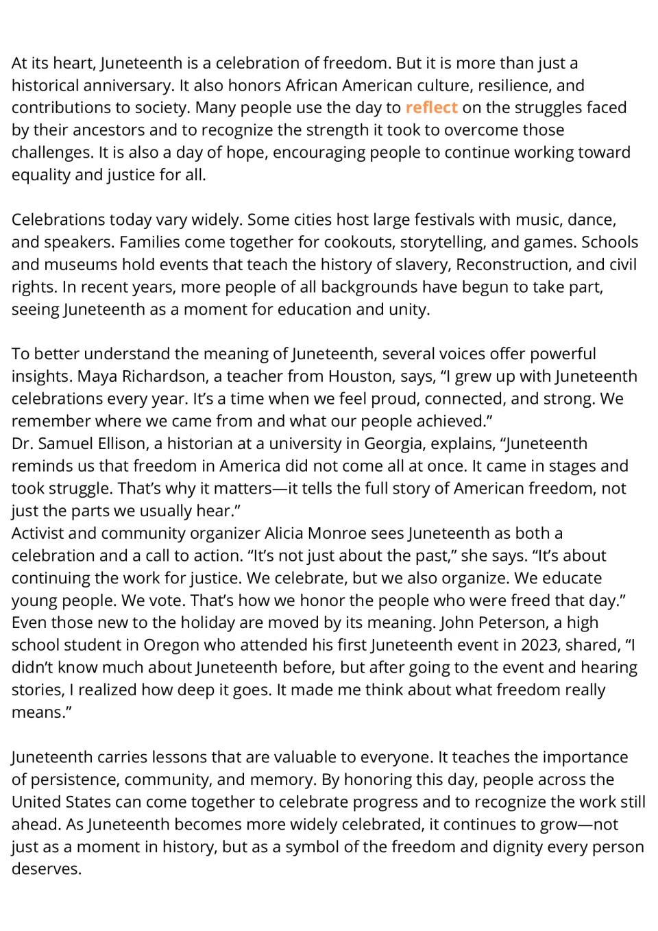 Juneteenth reading passage, part 2: cultural significance, celebrations, and perspectives on freedom