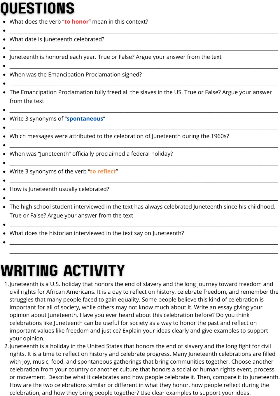 Juneteenth follow-up: 12 comprehension and vocabulary questions plus two essays on meaning and comparison