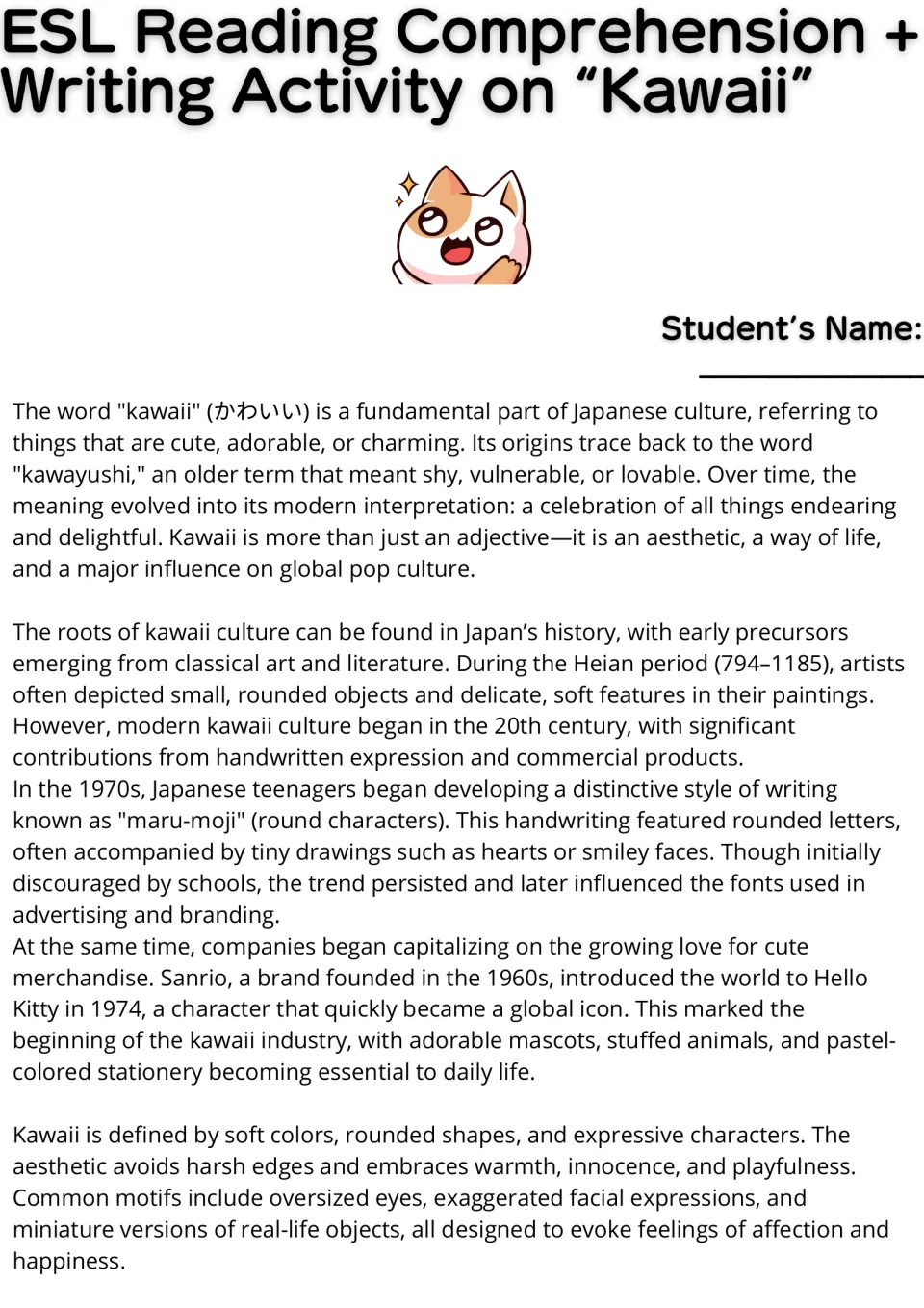 Reading passage, part 1: kawaii (cute), its Japanese origins, maru-moji handwriting, and Hello Kitty.