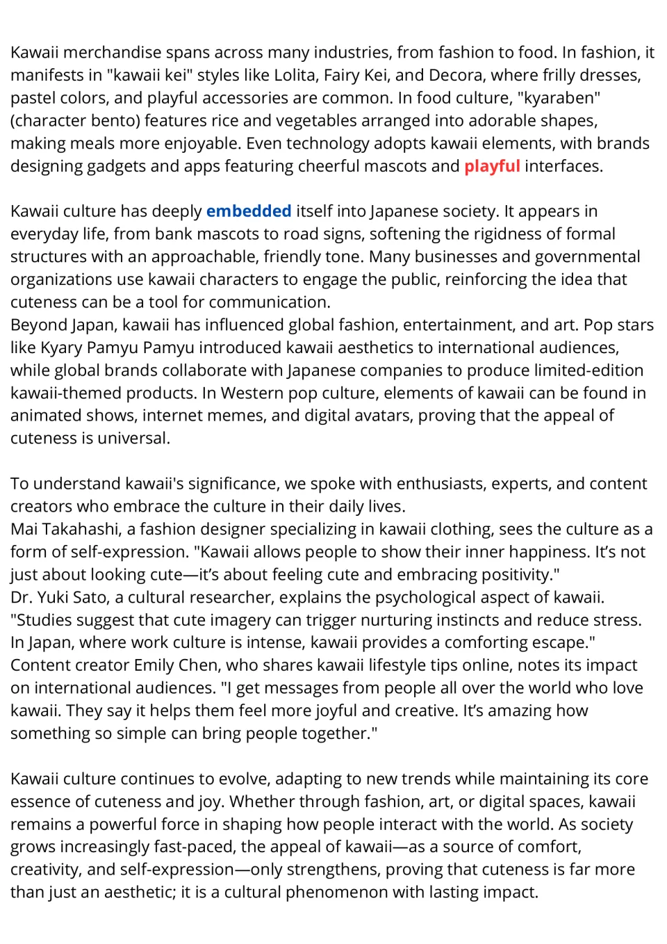 Reading passage, part 2: kawaii in fashion, food, Japanese society, global culture, and personal expression.