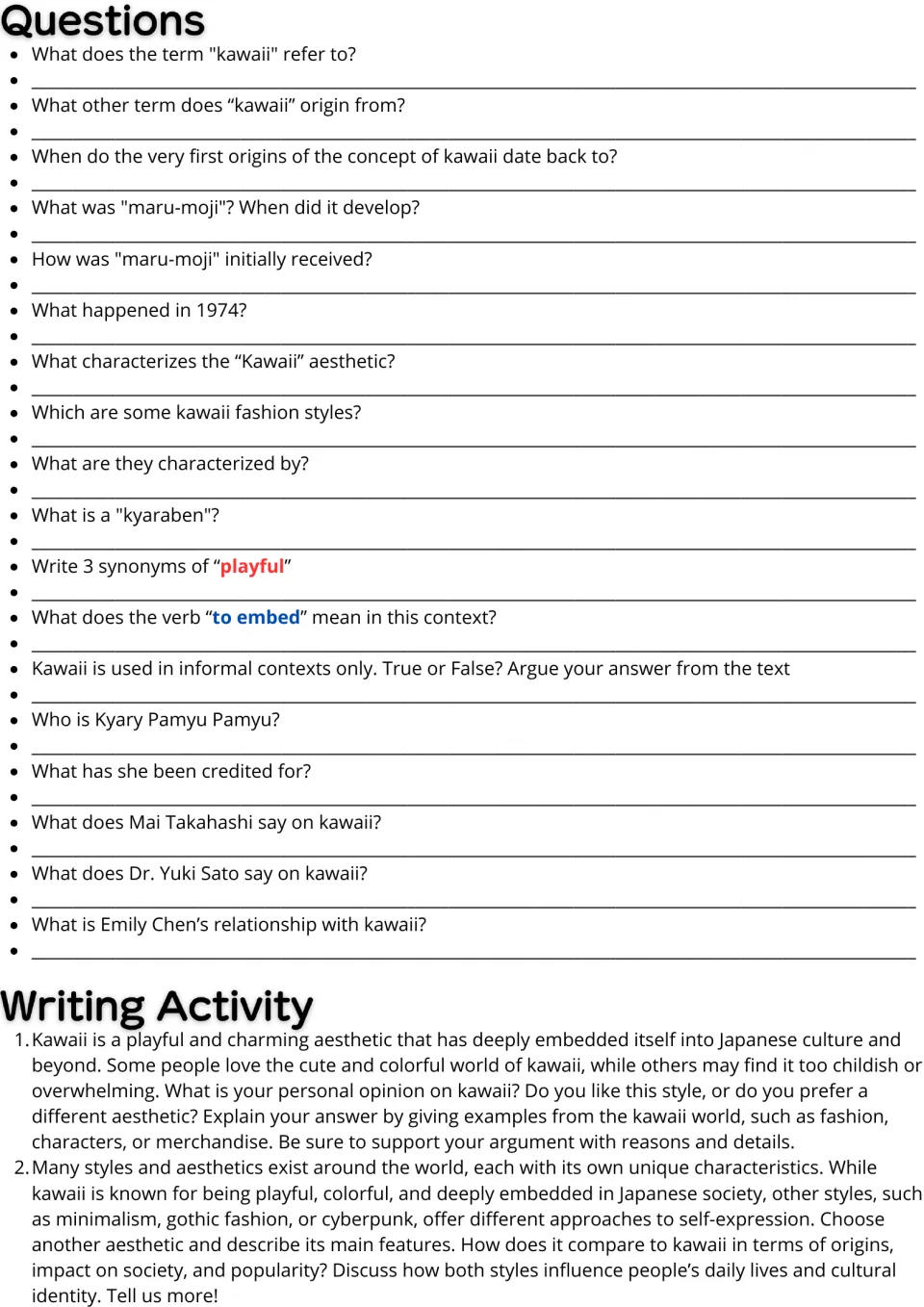Kawaii reading follow-up: 18 comprehension questions and two essay prompts on opinions and other aesthetics.