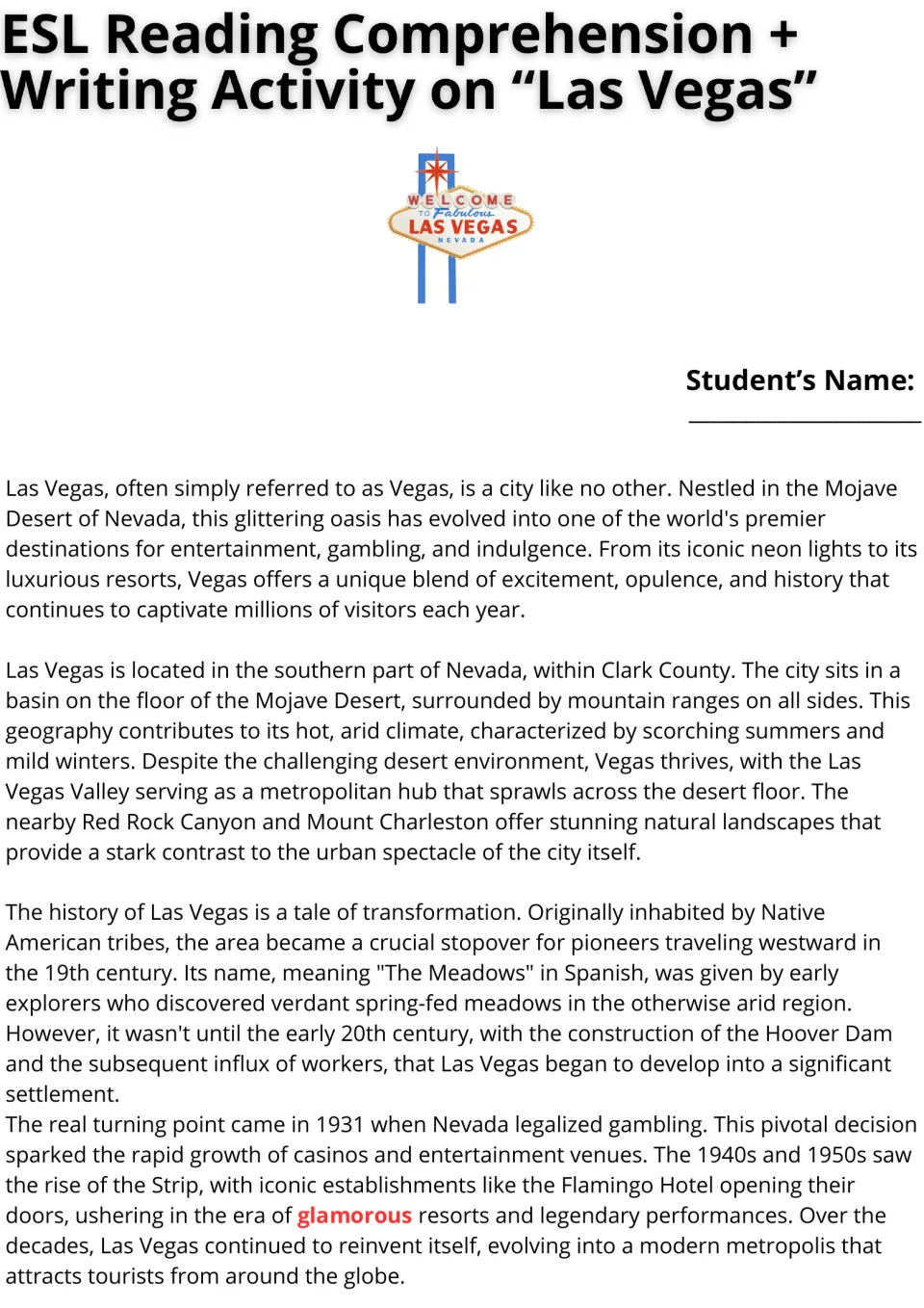 Las Vegas reading passage, part 1: students read about its desert setting, name origin, Hoover Dam and 1931 legal gambling