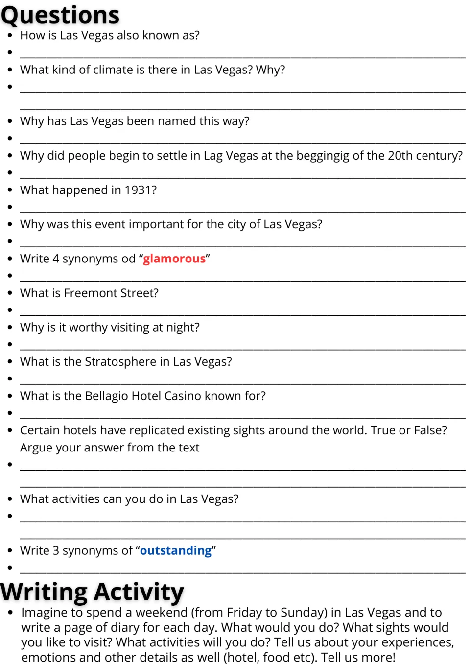 Las Vegas questions: students answer on climate, history and landmarks, give synonyms, then write a 3-day weekend diary