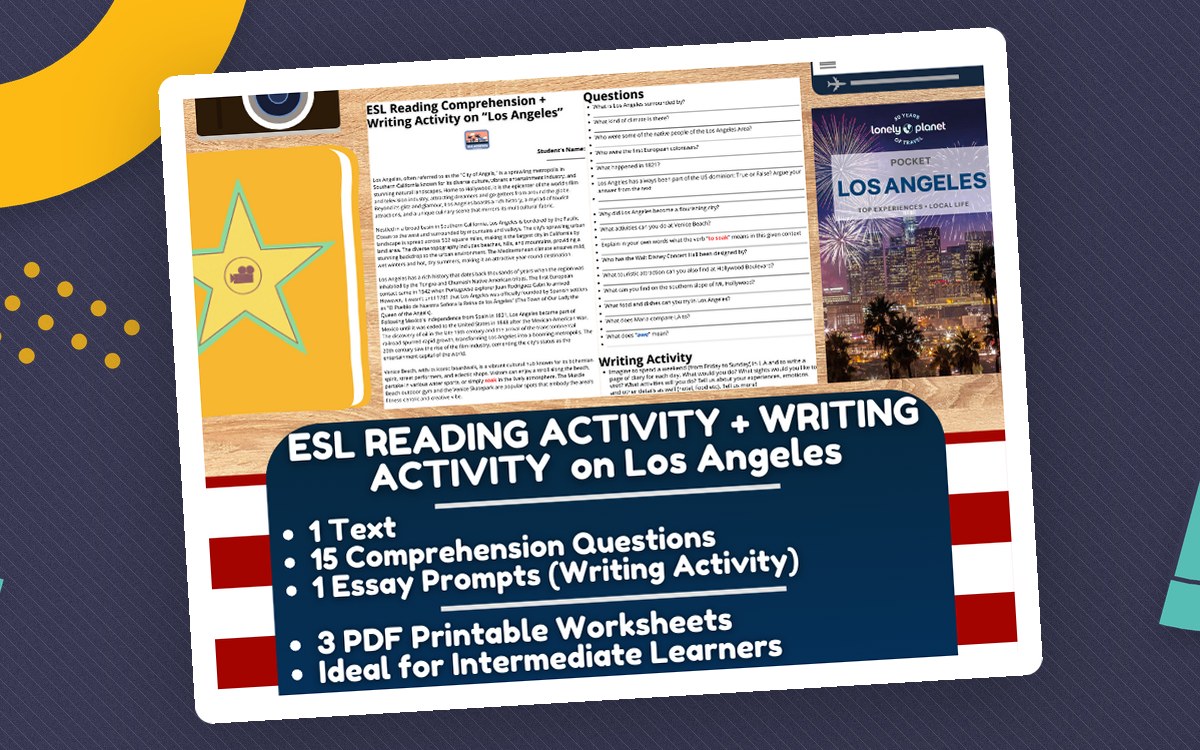 ESL Reading Comprehension + Writing Activity Worksheets on Los Angeles teaching resource preview