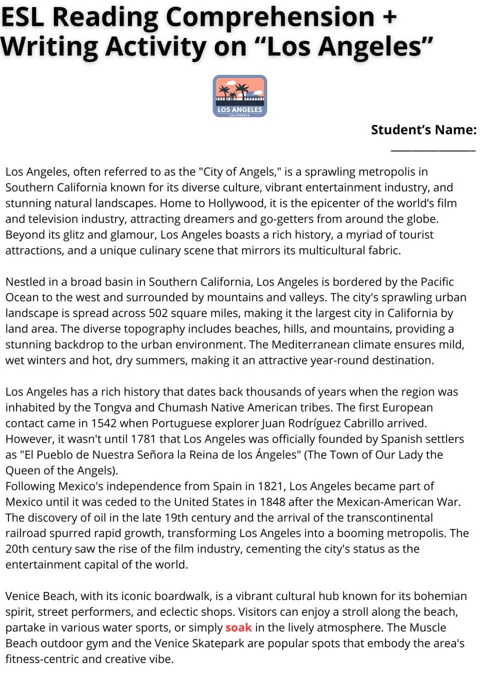 Los Angeles reading passage: students read about the city's geography, climate, early history and Venice Beach