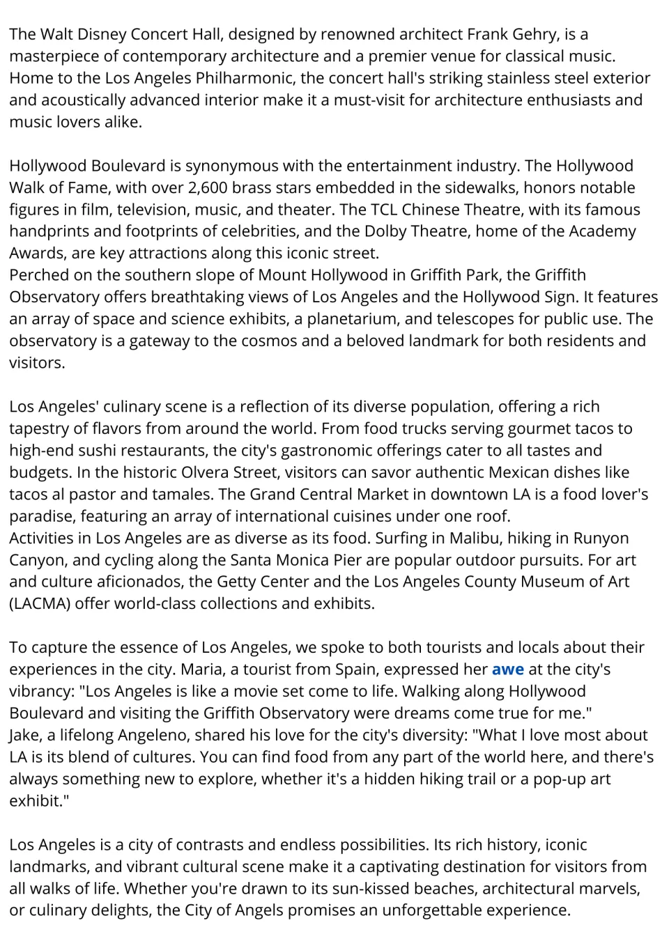 Los Angeles reading, part 2: Disney Concert Hall, Hollywood Boulevard, Griffith Observatory, food and visitor quotes
