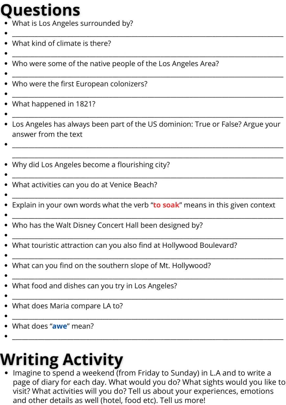 Los Angeles questions: students answer 15 comprehension and vocabulary items, then write a weekend travel diary