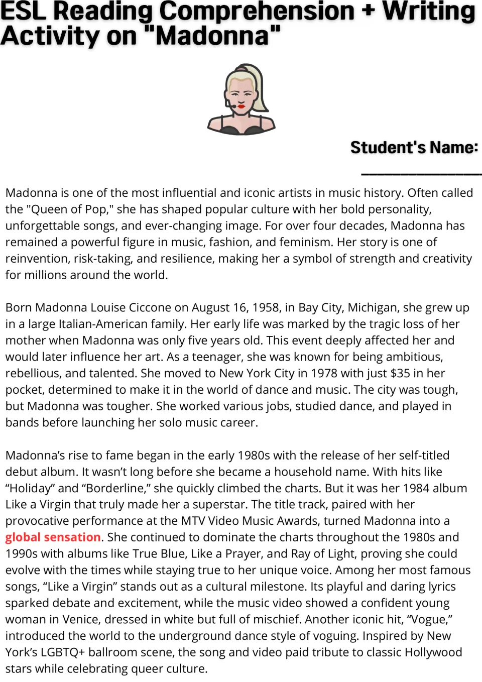 Madonna biography reading passage, part 1: her early life in Michigan, move to New York and rise to fame with Like a Virgin