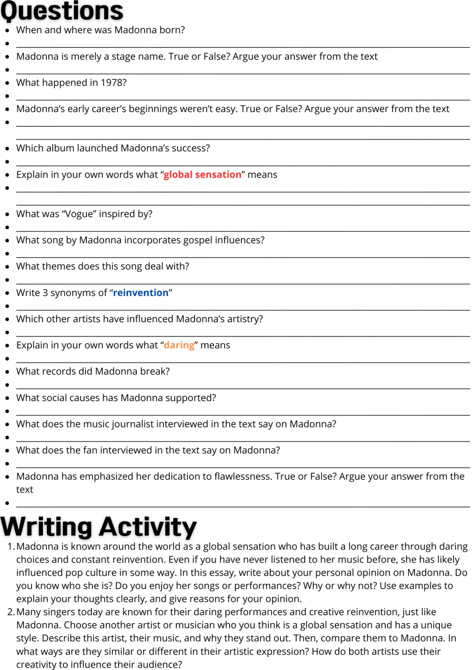 Madonna questions: students answer recall, true-or-false and vocab items, then write an opinion or comparison essay
