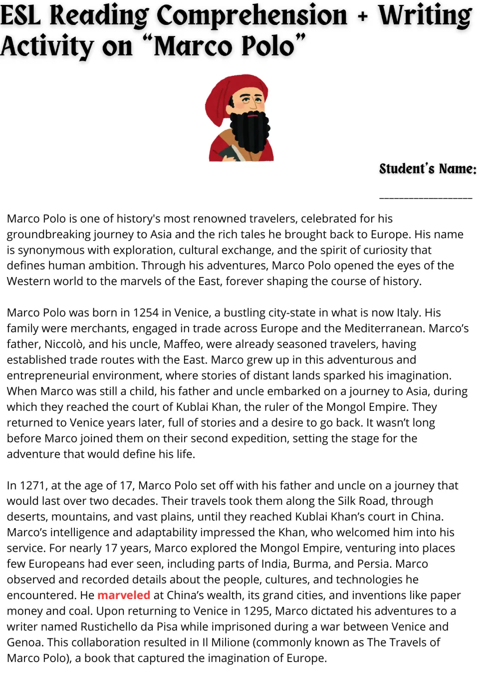 Marco Polo reading passage, part 1: his Venice birth in 1254, Silk Road journey to Kublai Khan and the book Il Milione