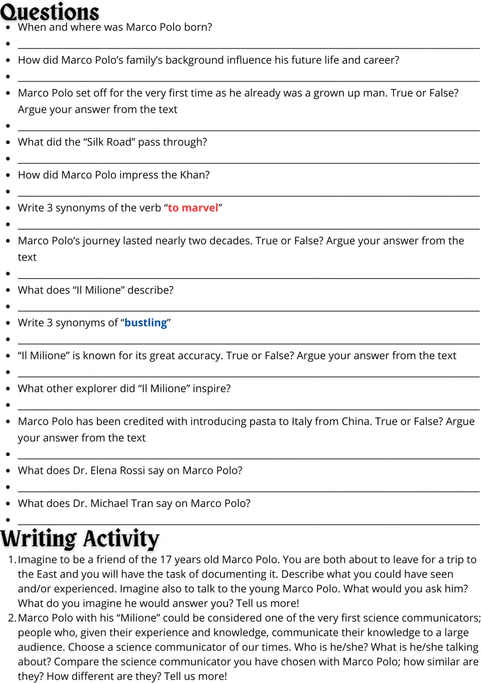 Marco Polo questions: students answer true-or-false items, give synonyms for marvel and bustling, then write two essays