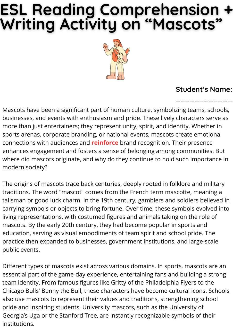 Mascots reading passage, part 1: origins, evolution, and roles in sports and schools, with mascot examples