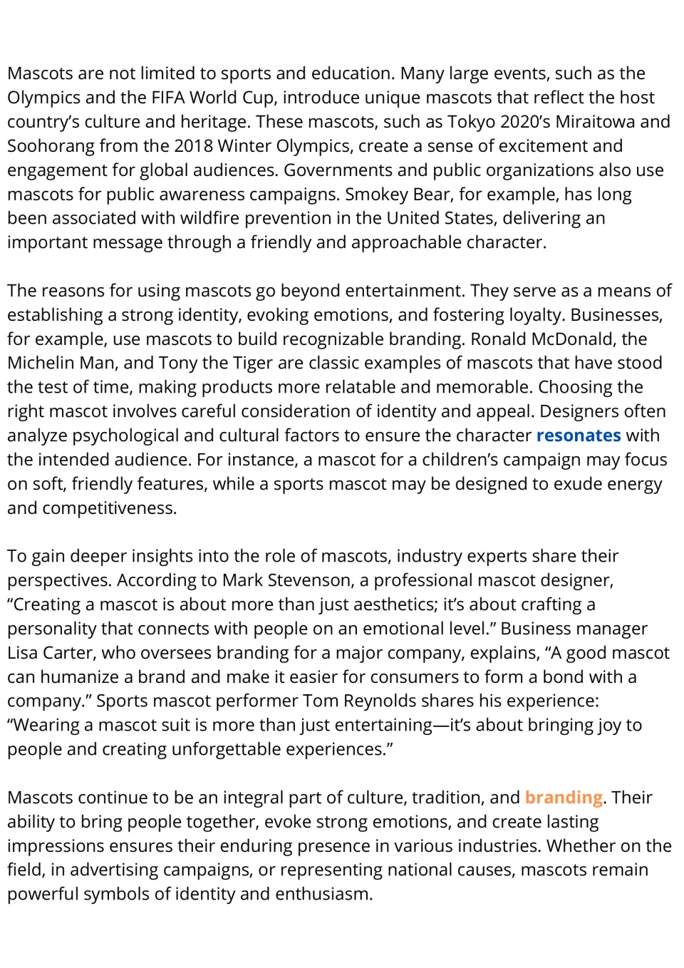 Mascots reading passage, part 2: event mascots, public awareness, branding, design, and expert perspectives