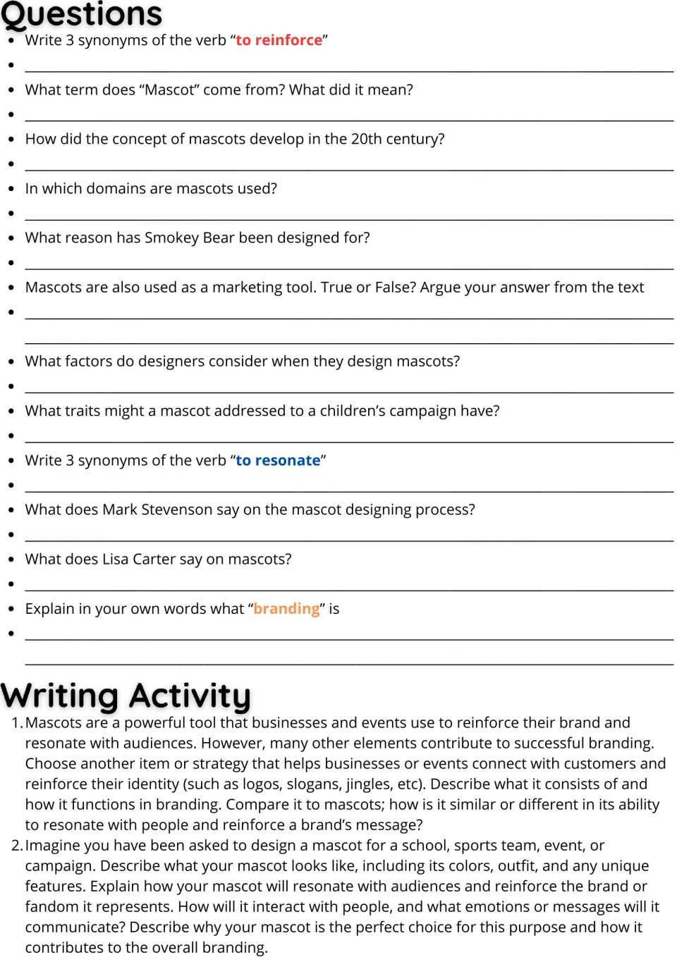 Mascot reading follow-up: 12 comprehension and vocabulary questions plus two writing prompts on branding