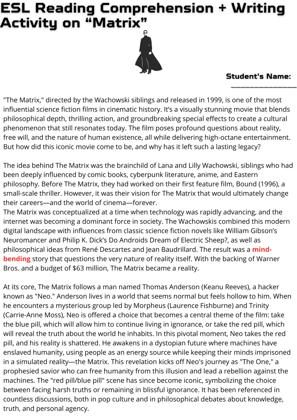 Reading passage opening on The Matrix: the Wachowskis' influences, Neo's story, and the red and blue pills.