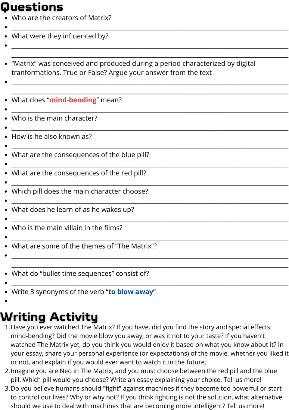 Comprehension and writing page: 14 questions on The Matrix and three essay prompts on opinions and choices.